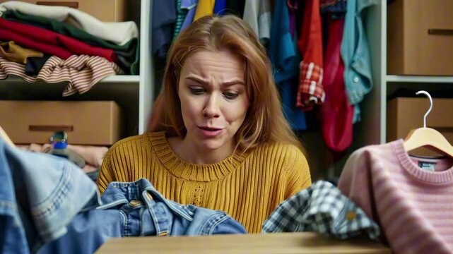Confused stressed out overwhelmed woman in yellow sweater overwhelmed by messy closet full of clothes and boxes. Concept of nervous breakdown, wardrobe stress and cluttered lifestyle