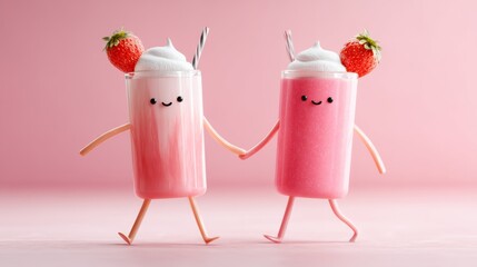 Two cartoon characters holding hands and drinking pink and white milkshakes. The milkshakes are topped with whipped cream and strawberries