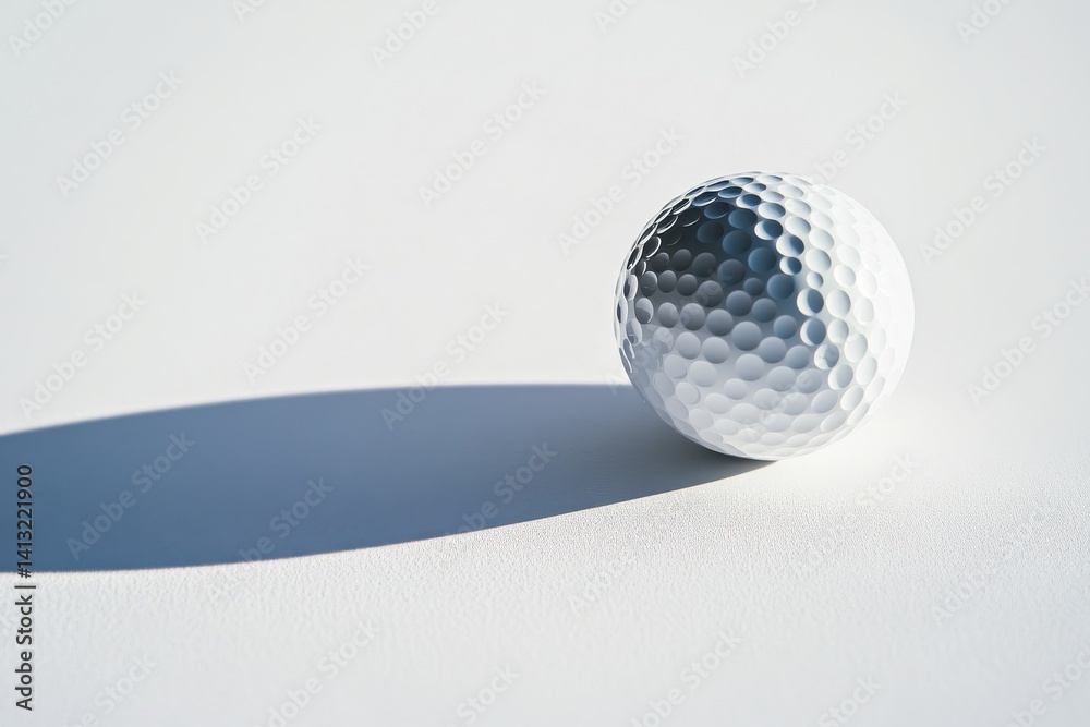 Poster a solitary golf ball rests on a stark white surface, casting a distinct shadow, highlighting its tex