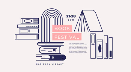 Book fair poster for advertising. Vertical poster for book fair with different books. Advertising template for bookstore, bookshop, library.