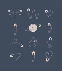 Safety pins collection in minimalist art style drawing with beige on grey background