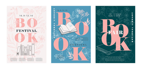 Book stack poster. Literature reading festival. Bookstore event invitation. Textbooks with flowers. Library art. School education. Bookshop market flyer design. Vector library garish brochures set