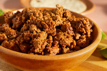A closeup view of a bowl of Mexican chorizo.