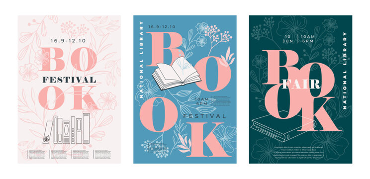 Book stack poster. Literature reading festival. Bookstore event invitation. Textbooks with flowers. Library art. School education. Bookshop market flyer design. Vector library garish brochures set