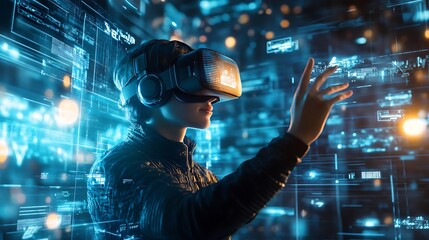 Glowing portrait of woman with neon tech elements in futuristic world high resolution picture