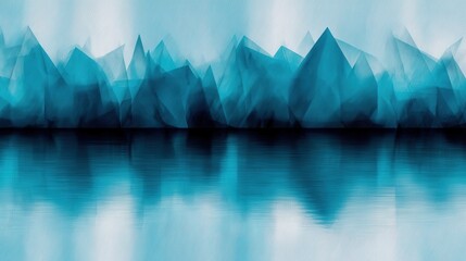 Abstract icy landscape with sharp blue geometric shapes reflecting on tranquil water surface