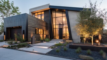 Obraz premium Modern exterior with angular architecture, sleek metal accents, and minimalist landscaping. 
