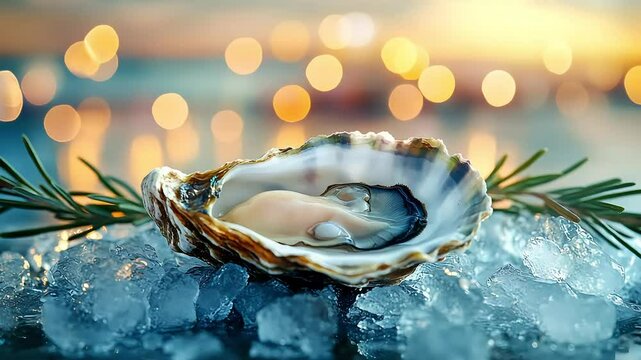 Fresh oyster shell on ice with rosemary garnished and sunset background