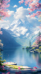 Landscape with lake and mountains .