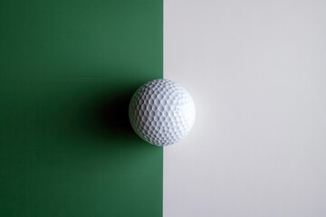A golf ball sits centered against a split green and white background creating a modern and minimalist composition for sports concepts.