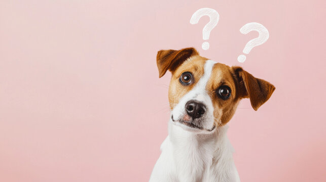 Cute dog with question marks floating above its head, puzzled expression, minimalistic pastel background - Powered by Adobe