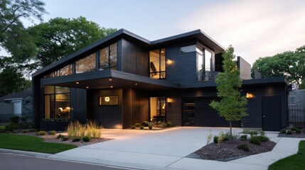 Modern exterior with angular architecture, sleek metal accents, and minimalist landscaping.  