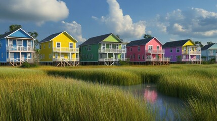 Fototapeta premium Colorful Beach Houses on Stilts Surrounded by Lush Green Grass