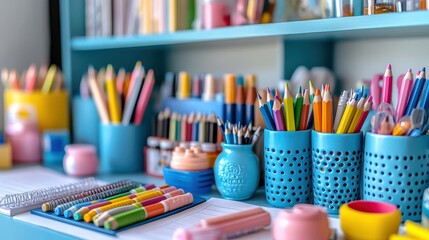 Colorful assortment of art supplies neatly organized on a desk with vibrant decor in the background
