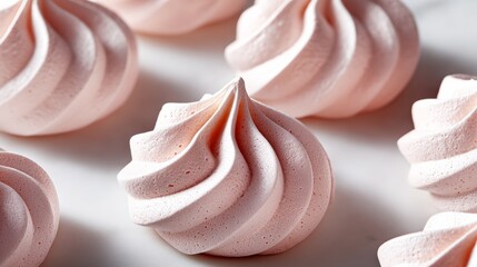Close up of a pink dessert with a swirl on top. The dessert is a meringue and is sitting on a white surface