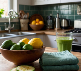 Healthy Green Smoothie with Banana, Spinach and Lemon in Kitchen