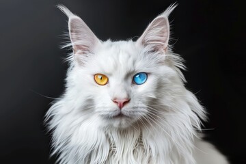 Fototapeta premium Heterochromia eyes of white cat . white Maine Coon on black background.