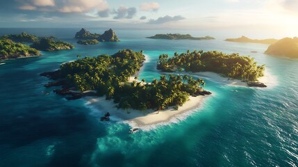 Breathtaking aerial view of tropical island turquoise water surrounding lush greenery white sand beach hyper realistic wave crashing against shore cinematic perspective ultra detailed coconut tree