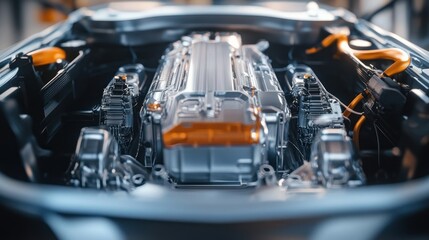 Fototapeta premium A Lucid Air EV motor, ultra-efficient and compact yet incredibly powerful --ar 16:9 --v 6.1 Job ID: f3c2e550-3ee0-4bbd-805c-683470057c48