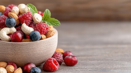 Fresh raspberries blueberries cashews healthy eating bowl food photography