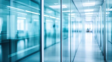 Fototapeta premium Modern Office Corridor with Glass Walls and Blurred Background