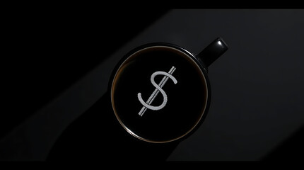 X&iacute;cara de caf&eacute; preto, estilo fotografia de produto, vista de cima, desenho de barrista de um cifr&atilde;o representado o aumento do valor do caf&eacute;. Foto de produto, cafeteria, economia, infla&ccedil;&atilde;o. Cafeina