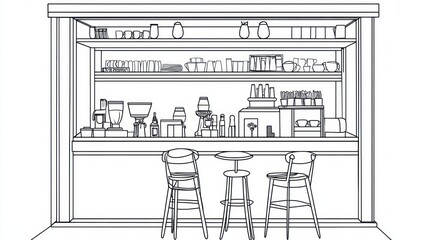 Fototapeta premium Cafe interior design, line drawing, shelves, counter, chairs