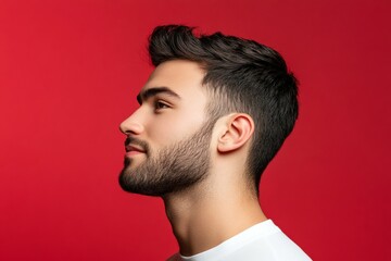 Obraz premium Trendy men's classic short back and sides haircut - midlife white man with black hair. Visual idea of style for aging men. Red solid background. A stylish and glowing male with a relaxed aur.