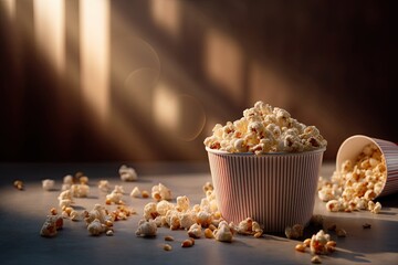 Overfilled popcorn bucket with scattered pieces under a warm light spotlight.