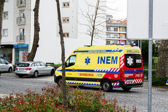 Ambulance in city street setting in Fatima, Portugal surroundings