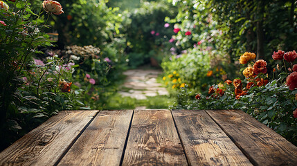 Fototapeta premium Rustic wooden planks overlook a vibrant garden path blooming with colorful flowers and lush greenery in the soft diffused sunlight.