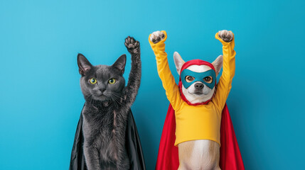Cat and dog in superhero costumes with capes and masks, standing side by side on solid cyan background, each raising one paw in victory