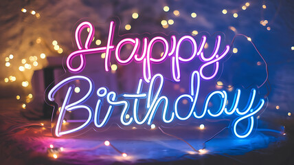 Neon-lit Happy Birthday sign glows with pink and blue hues against a blurred backdrop of fairy lights.