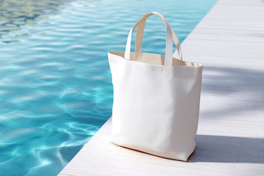 White tote bag beside a pool with tranquil water and bright poolside platform.