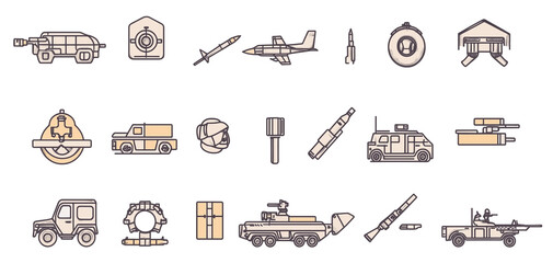 Set of 20 military icons in black silhouette style, including tank, fighter jet, missile, grenade, and armored vehicle, strategic defense and combat symbol pack for security and tactical themes, PNG.