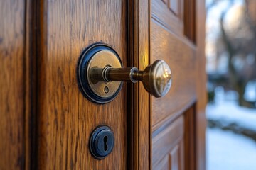 Obraz premium Closeup of wooden door with antique brass handle in warm ambient light