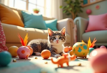 colorful cat toys interactive playful settings whimsical fun pet accessories vibrant designs, ball, string, scratching, post, ribbon, mouse, plush, pillow