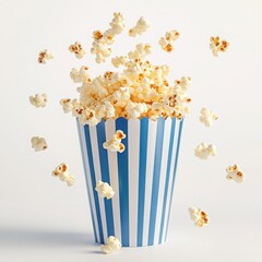 Popcorn overflowing from blue and white striped container above table
