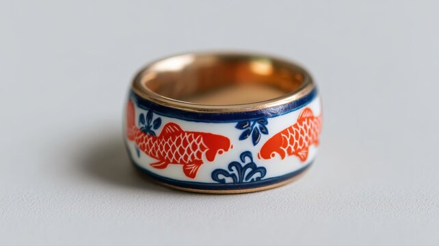 Detailed enamel toe ring showcases a tiny koi fish design in vibrant coral orange and blue against a white background, captured in precision light
