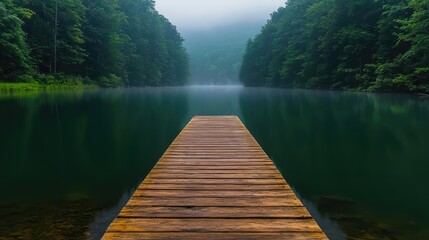 Naklejka premium Serene lake with wooden dock mist nature photography peaceful tranquil landscape