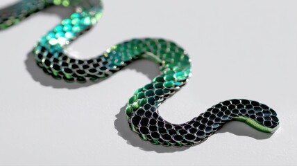 Naklejka premium Closeup view of a waist chain fashioned to resemble a serpent, featuring cosmic black and iridescent emerald hues against a white backdrop