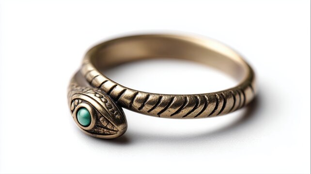 Detailed representation of a unique coiled dragon toe ring featuring a brushed bronze finish and an emerald eye, highlighting intricate craftsmanship