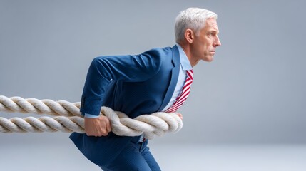 Man in a suit is pulling a rope. The man is wearing a blue suit and a red tie