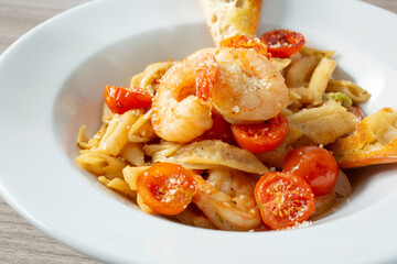 A closeup view of a plate of shrimp scampi.