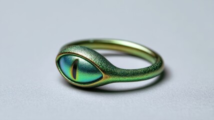 Iridescent green and bio-black toe ring shaped like an alien eye, captured in eerie lowlight against a white void background
