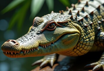 Fototapeta premium detailed close view crocodile scales showcasing intricate texture patterns natural colors, nature, animal, hide, brown, green, glossy, skin, macro