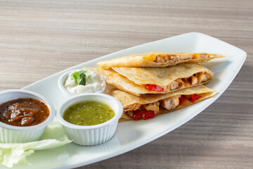 A view of a chicken quesadilla.
