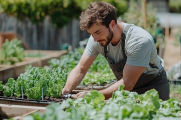 Man harvesting vegetables in a backyard garden in daylight