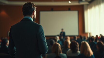Professional Man Attending Conference with Audience in Background