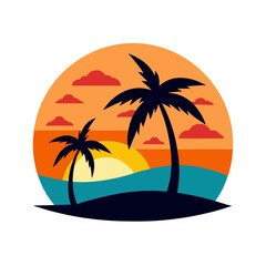 Sunset beach with palm trees vector illustration